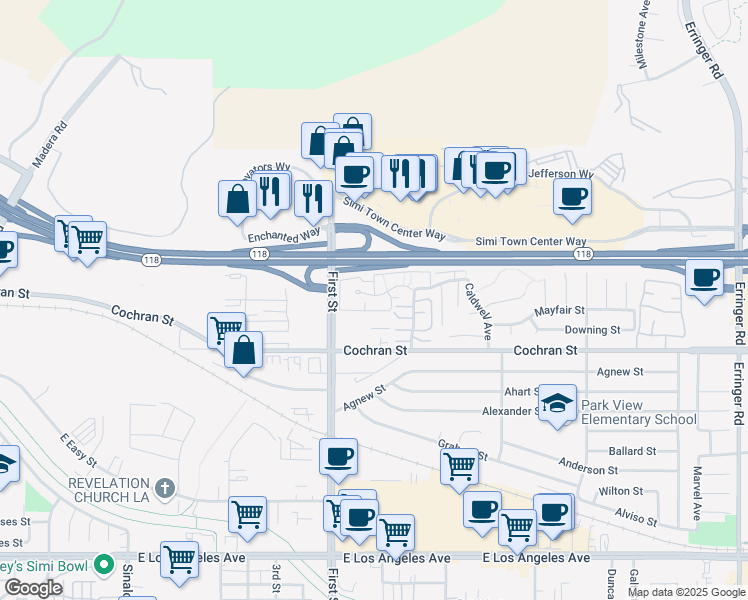 map of restaurants, bars, coffee shops, grocery stores, and more near 1174 Tivoli Lane in Simi Valley