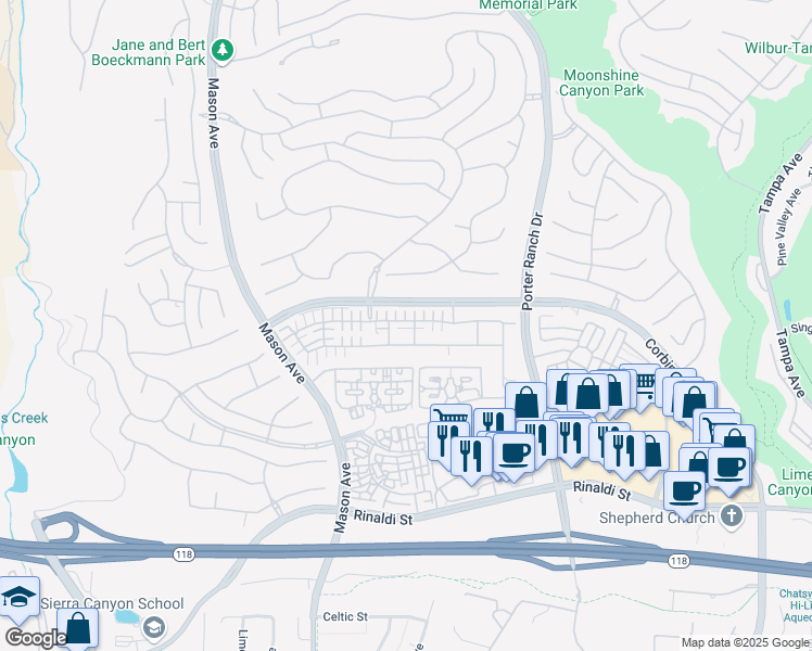 map of restaurants, bars, coffee shops, grocery stores, and more near 20158 Livorno Way in Los Angeles