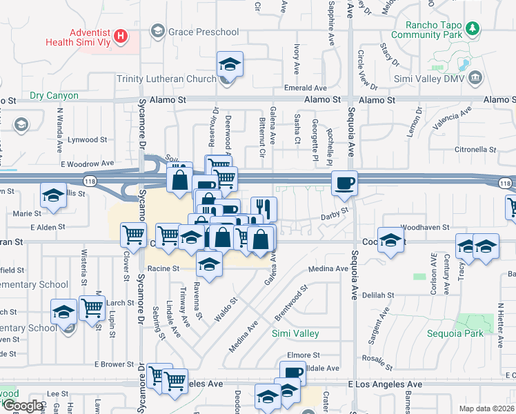 map of restaurants, bars, coffee shops, grocery stores, and more near 3039 Cochran Street in Simi Valley