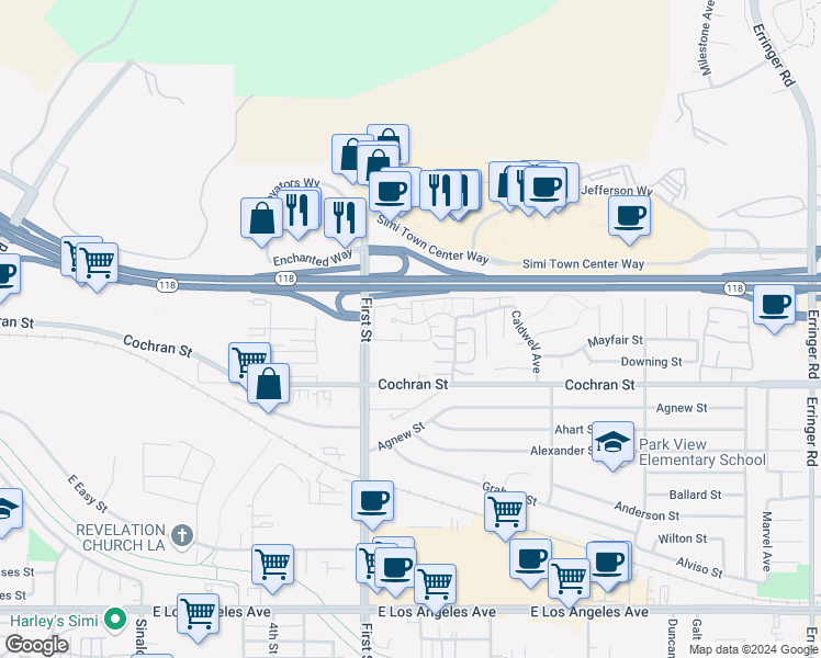 map of restaurants, bars, coffee shops, grocery stores, and more near 1158 Tivoli Lane in Simi Valley