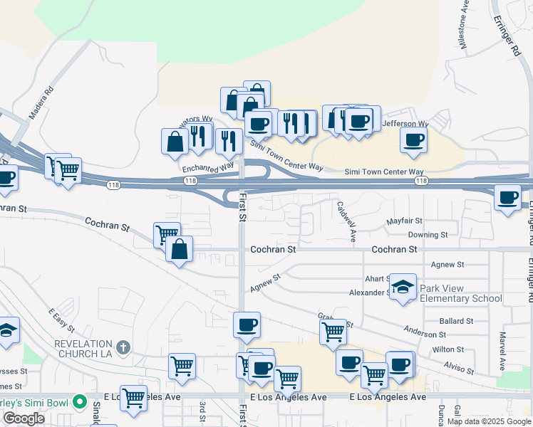 map of restaurants, bars, coffee shops, grocery stores, and more near 1158 Tivoli Lane in Simi Valley