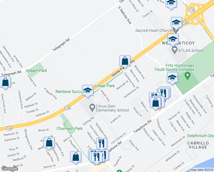 map of restaurants, bars, coffee shops, grocery stores, and more near 9961 Scottsdale Street in Ventura