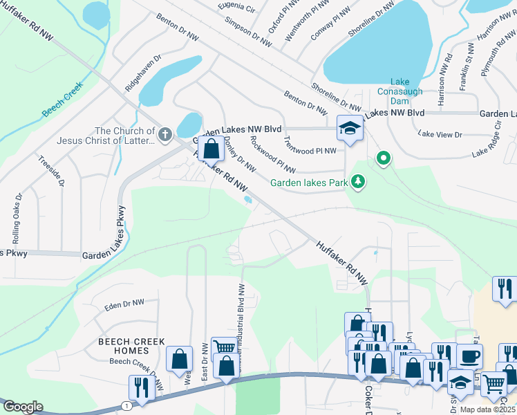map of restaurants, bars, coffee shops, grocery stores, and more near 218A Huffaker Road Northwest in Rome