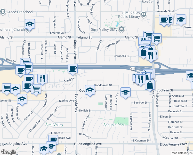 map of restaurants, bars, coffee shops, grocery stores, and more near 2511 Parkdale Avenue in Simi Valley