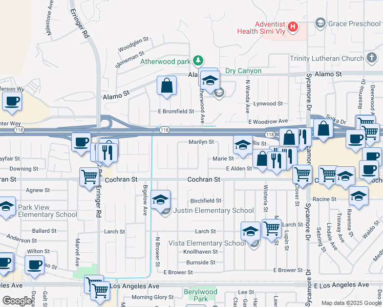map of restaurants, bars, coffee shops, grocery stores, and more near 2536 North Verda Court in Simi Valley