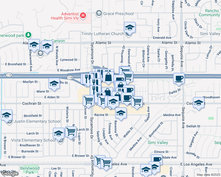 map of restaurants, bars, coffee shops, grocery stores, and more near 2825 Cochran Street in Simi Valley