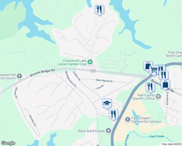 map of restaurants, bars, coffee shops, grocery stores, and more near 3075 Browns Bridge Road in Gainesville