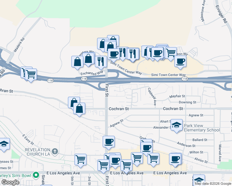 map of restaurants, bars, coffee shops, grocery stores, and more near 1158 Tivoli Lane in Simi Valley