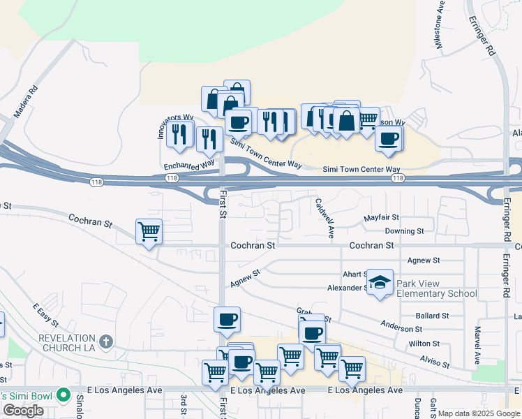 map of restaurants, bars, coffee shops, grocery stores, and more near 1190 Tivoli Lane in Simi Valley