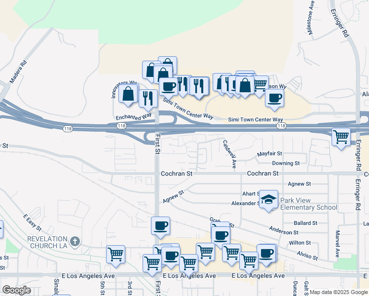 map of restaurants, bars, coffee shops, grocery stores, and more near 1190 Tivoli Lane in Simi Valley