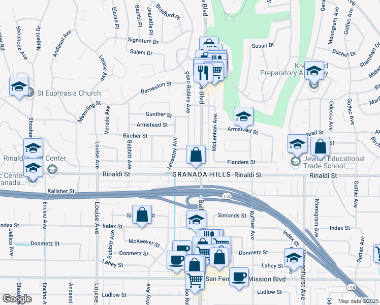 map of restaurants, bars, coffee shops, grocery stores, and more near 17020 Halsey Street in Los Angeles