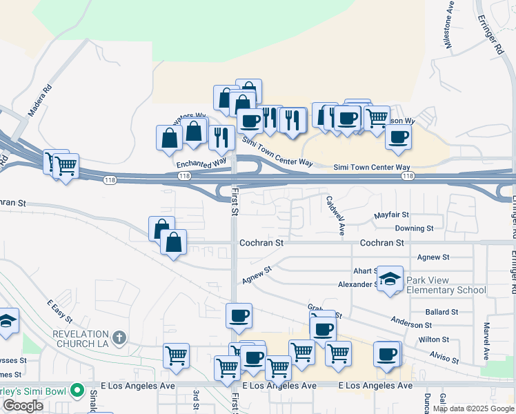 map of restaurants, bars, coffee shops, grocery stores, and more near 1158 Tivoli Lane in Simi Valley
