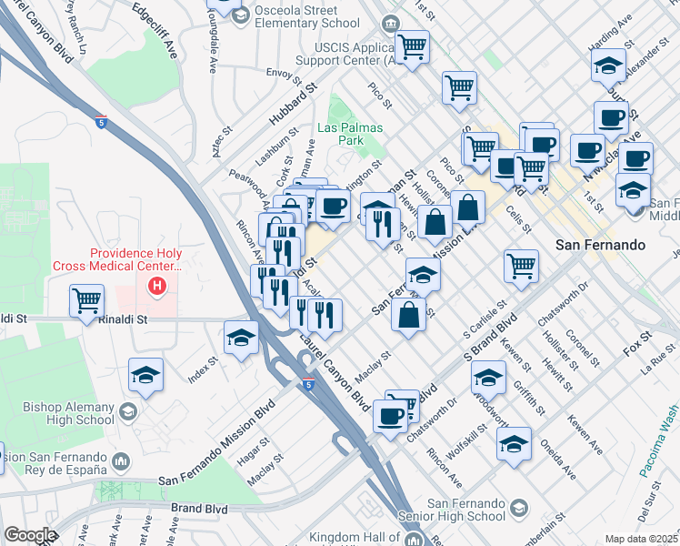 map of restaurants, bars, coffee shops, grocery stores, and more near 1314 O Melveny Avenue in San Fernando