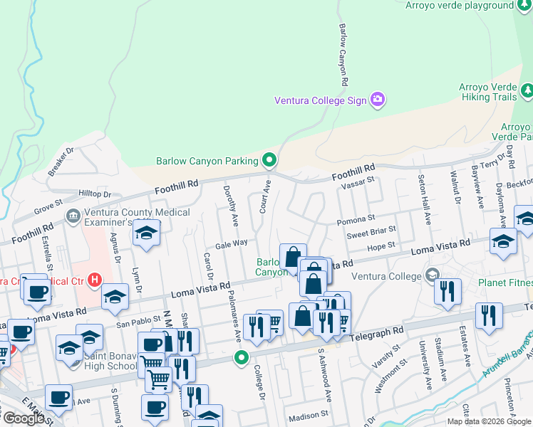 map of restaurants, bars, coffee shops, grocery stores, and more near 366 Court Avenue in Ventura