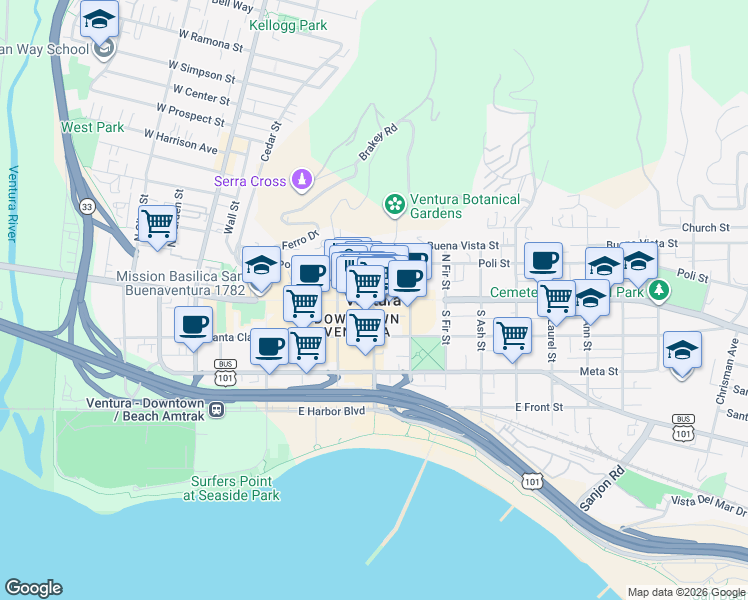 map of restaurants, bars, coffee shops, grocery stores, and more near 251 Hurst Avenue in Ventura