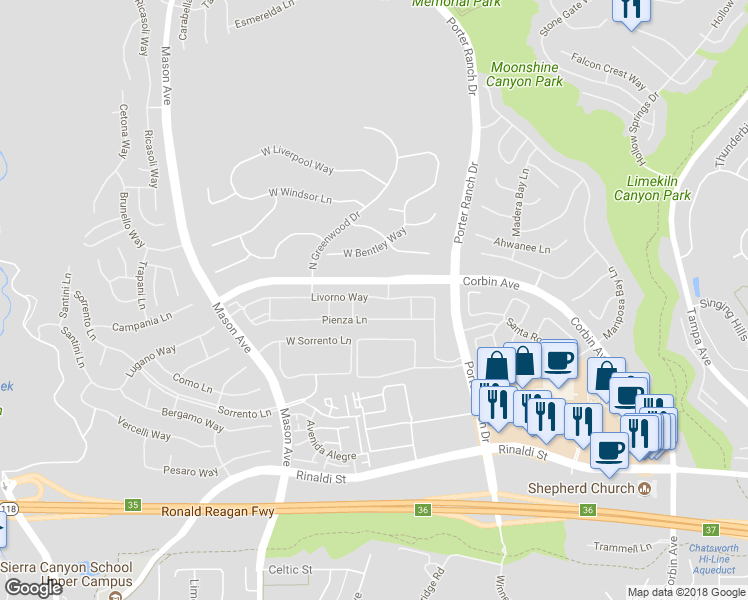 map of restaurants, bars, coffee shops, grocery stores, and more near 20114 Livorno Way in Los Angeles
