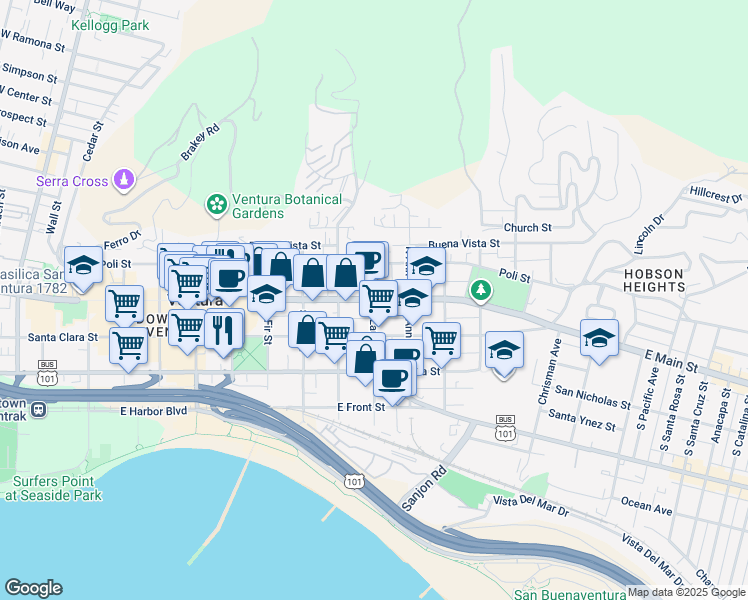 map of restaurants, bars, coffee shops, grocery stores, and more near 2 South Laurel Street in Ventura