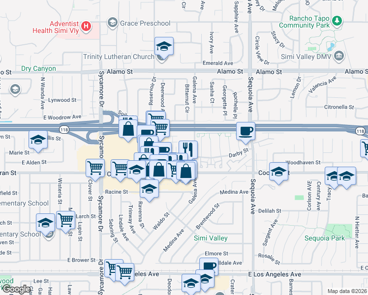 map of restaurants, bars, coffee shops, grocery stores, and more near 3039 Cochran Street in Simi Valley