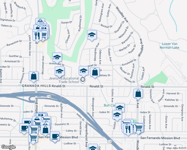 map of restaurants, bars, coffee shops, grocery stores, and more near 16511 Halsey Street in Los Angeles