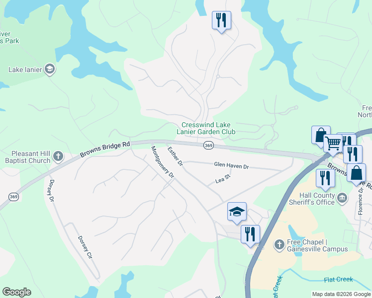 map of restaurants, bars, coffee shops, grocery stores, and more near 3091 Browns Bridge Road in Gainesville