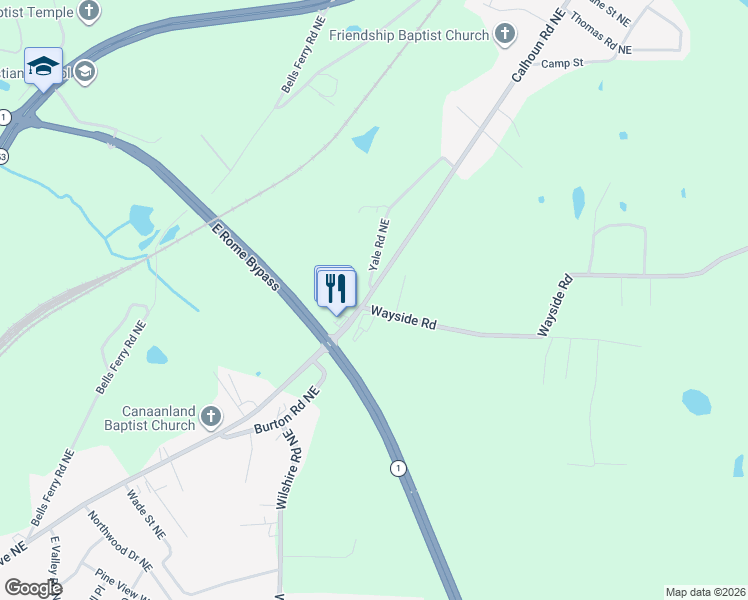 map of restaurants, bars, coffee shops, grocery stores, and more near 322 Calhoun Road Northeast in Rome