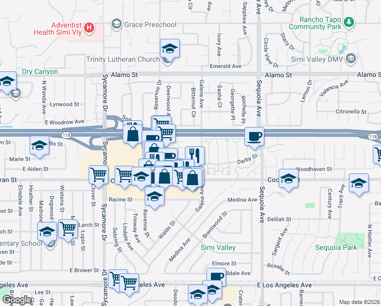 map of restaurants, bars, coffee shops, grocery stores, and more near 3067 Harrison Lane in Simi Valley