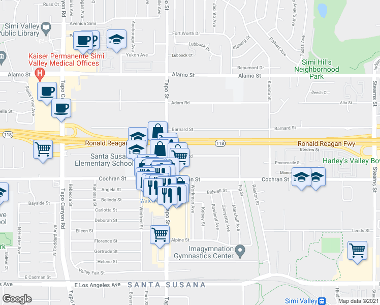 map of restaurants, bars, coffee shops, grocery stores, and more near 4481 Apricot Road in Simi Valley