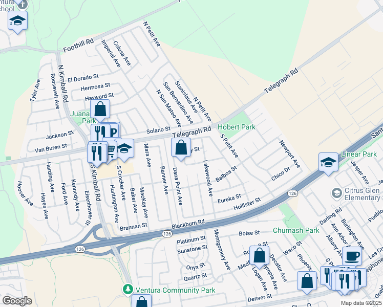 map of restaurants, bars, coffee shops, grocery stores, and more near 8250 Quincy Street in Ventura