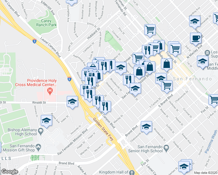 map of restaurants, bars, coffee shops, grocery stores, and more near 1314 O Melveny Avenue in San Fernando