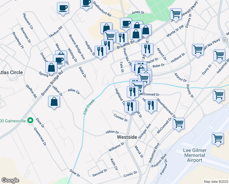 map of restaurants, bars, coffee shops, grocery stores, and more near 317 Highland Terrace in Gainesville