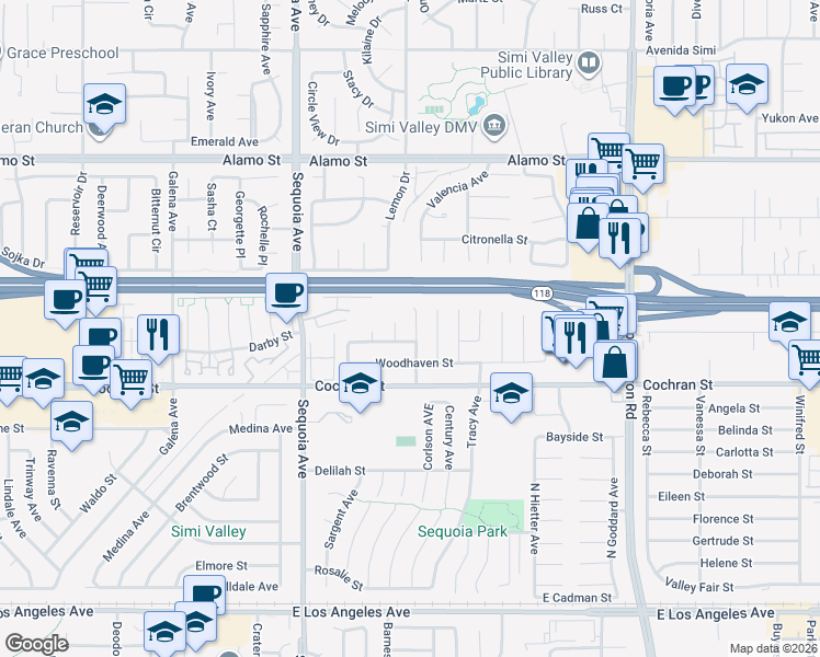 map of restaurants, bars, coffee shops, grocery stores, and more near 2511 Parkdale Avenue in Simi Valley