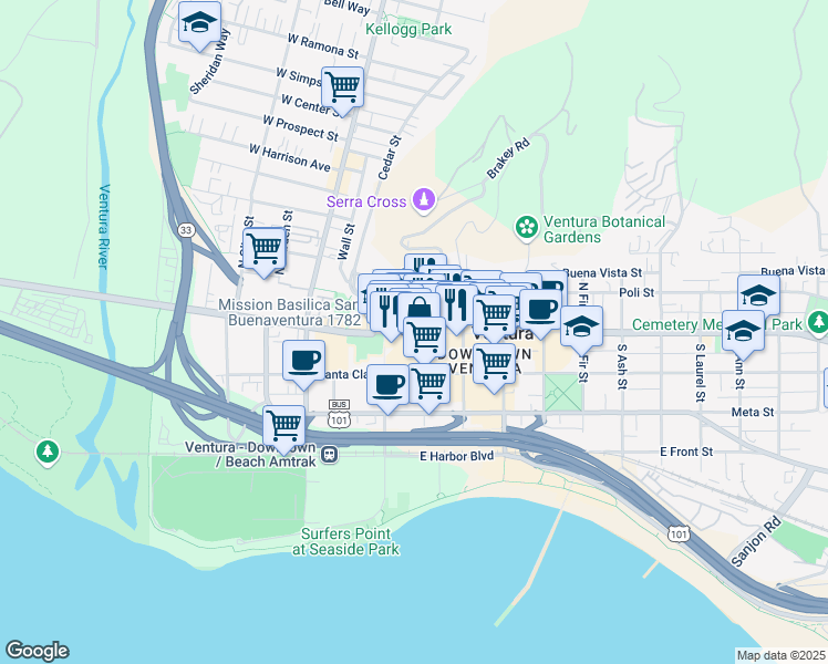 map of restaurants, bars, coffee shops, grocery stores, and more near 2163 East Main Street in Ventura