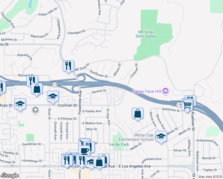 map of restaurants, bars, coffee shops, grocery stores, and more near 6004 Rothko Lane in Simi Valley