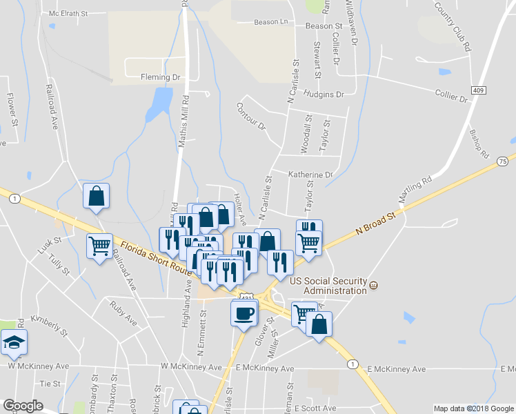 map of restaurants, bars, coffee shops, grocery stores, and more near 800 North Carlisle Street in Albertville