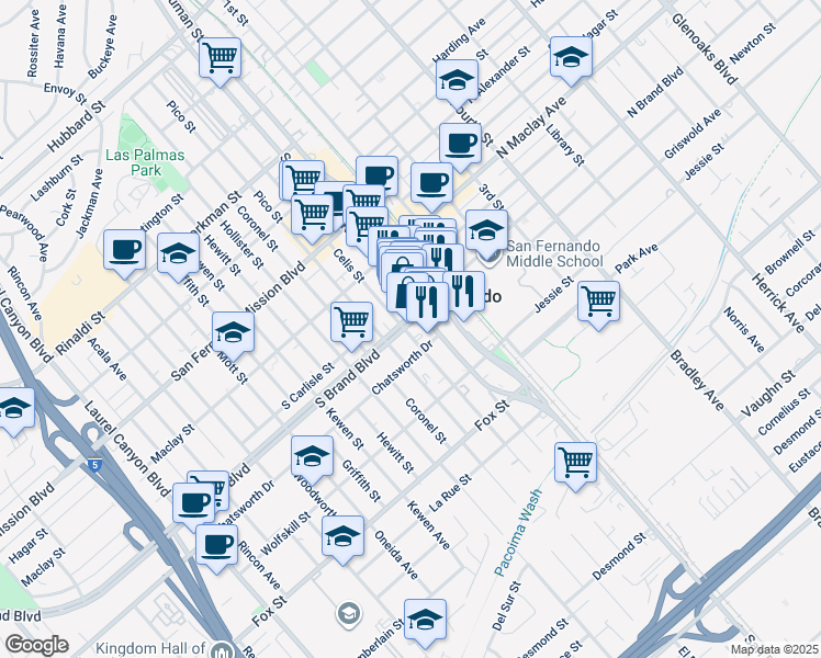 map of restaurants, bars, coffee shops, grocery stores, and more near 820 San Fernando Road in San Fernando