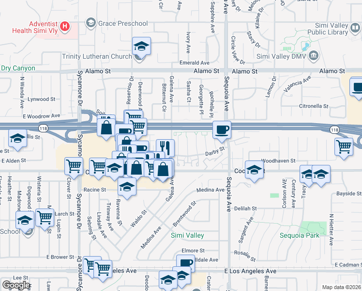 map of restaurants, bars, coffee shops, grocery stores, and more near 2504 Abbeywood Court in Simi Valley