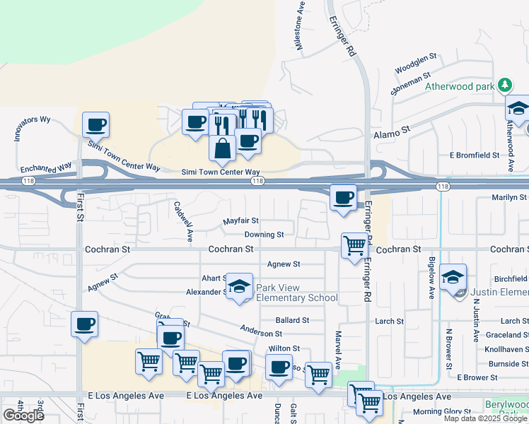map of restaurants, bars, coffee shops, grocery stores, and more near 2524 Clearfield Place in Simi Valley