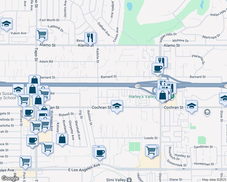 map of restaurants, bars, coffee shops, grocery stores, and more near 4904 Borders Street in Simi Valley