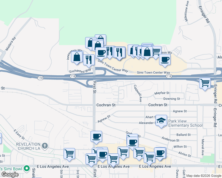 map of restaurants, bars, coffee shops, grocery stores, and more near 1190 Tivoli Lane in Simi Valley