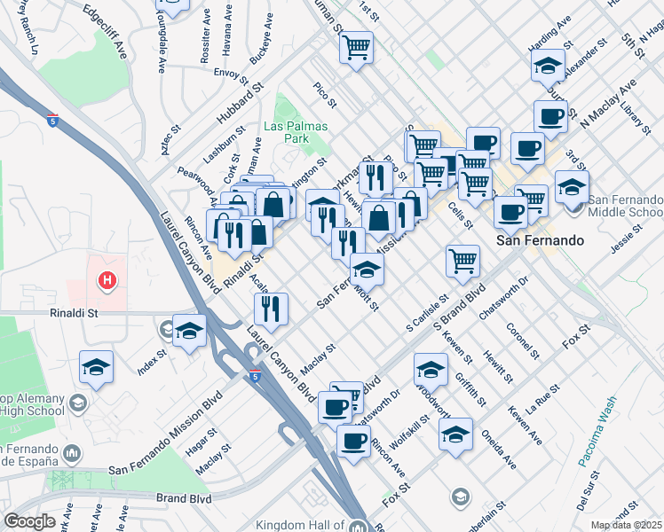 map of restaurants, bars, coffee shops, grocery stores, and more near 1224 Mott Street in San Fernando