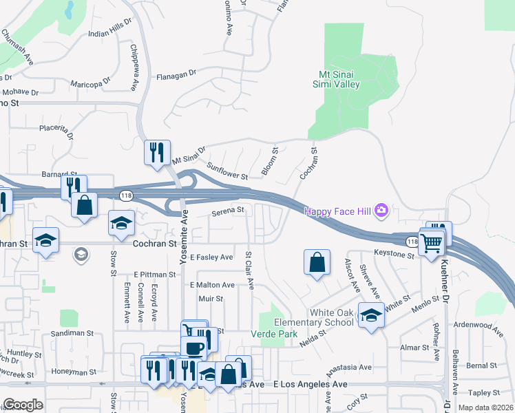 map of restaurants, bars, coffee shops, grocery stores, and more near 6004 Rothko Lane in Simi Valley
