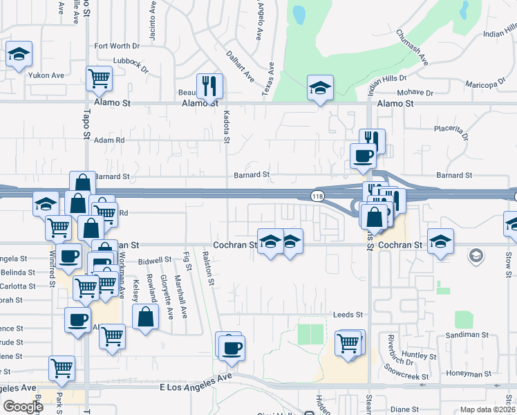 map of restaurants, bars, coffee shops, grocery stores, and more near 4904 Borders Street in Simi Valley
