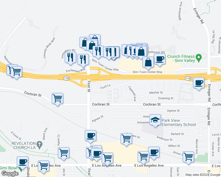 map of restaurants, bars, coffee shops, grocery stores, and more near 1230 Tivoli Lane in Simi Valley