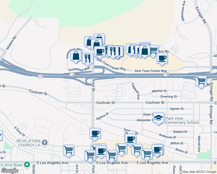 map of restaurants, bars, coffee shops, grocery stores, and more near 1230 Tivoli Lane in Simi Valley