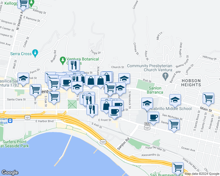 map of restaurants, bars, coffee shops, grocery stores, and more near 967 East Main Street in Ventura
