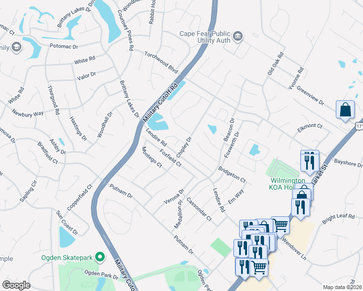 map of restaurants, bars, coffee shops, grocery stores, and more near 7312 Pamlico Court in Wilmington