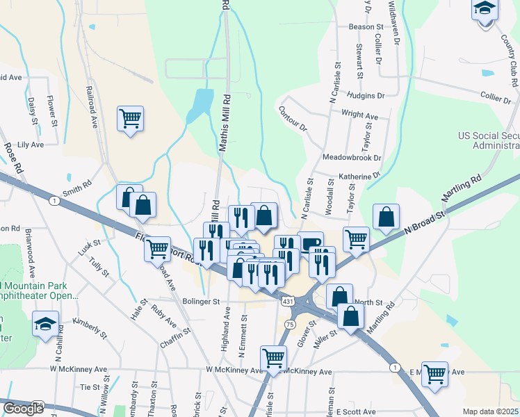 map of restaurants, bars, coffee shops, grocery stores, and more near 805 Christopher Circle in Albertville