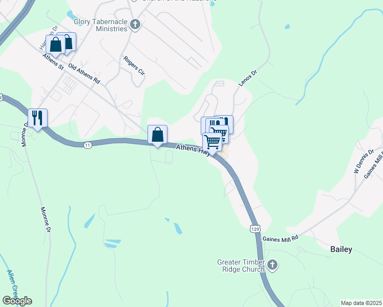 map of restaurants, bars, coffee shops, grocery stores, and more near 2110 Athens Highway in Gainesville
