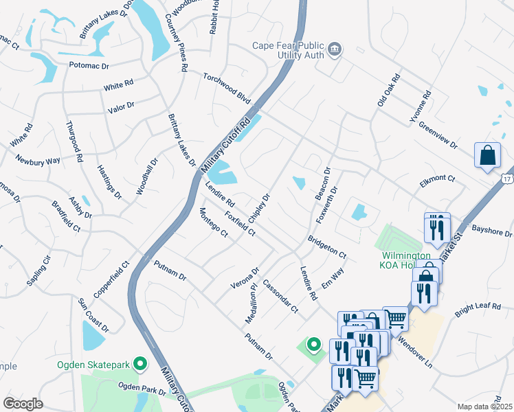 map of restaurants, bars, coffee shops, grocery stores, and more near 7331 Chipley Drive in Wilmington