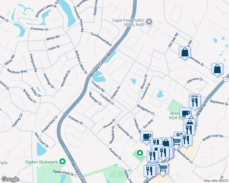 map of restaurants, bars, coffee shops, grocery stores, and more near 7331 Chipley Drive in Wilmington